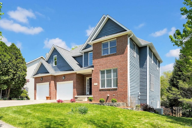 traditional-style home with an attached garage, a front lawn, brick siding, cooling unit, and driveway