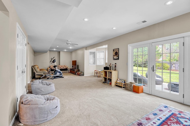 sitting room featuring visible vents, recessed lighting, carpet, and a ceiling fan