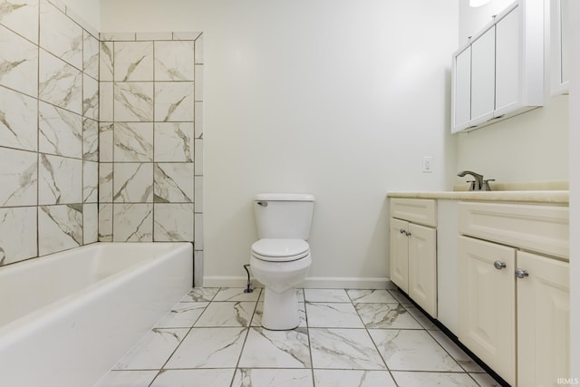 bathroom featuring baseboards, vanity, toilet, and marble finish floor