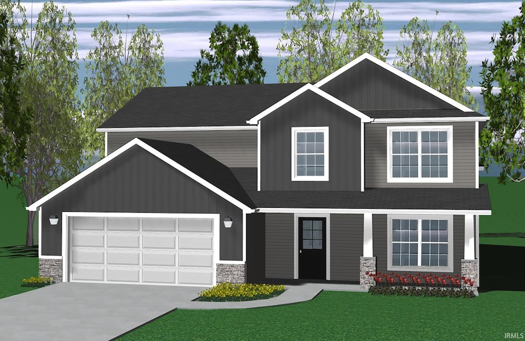 3412 Fawn Creek Blvd, Waterloo, IN 46793 - craftsman house featuring stone siding, a front yard, driveway, a garage, and a shingled roof