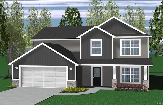 3412 Fawn Creek Blvd, Waterloo, IN 46793 - craftsman house featuring stone siding, a front yard, driveway, a garage, and a shingled roof