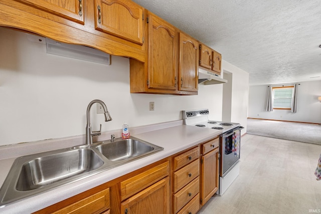 kitchen with a sink, light countertops, a textured ceiling, under cabinet range hood, and white electric stove