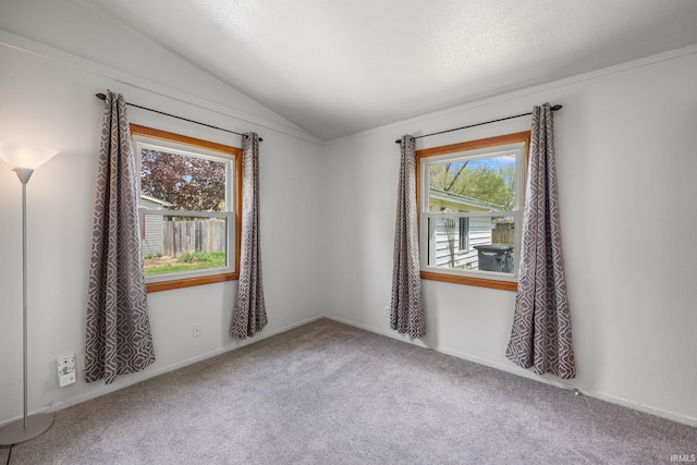 carpeted empty room featuring lofted ceiling