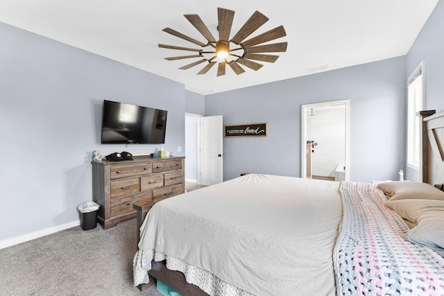 carpeted bedroom featuring baseboards, visible vents, and ceiling fan