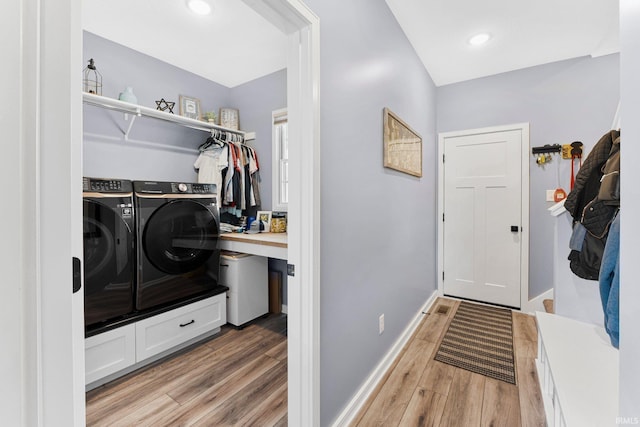 laundry room with laundry area, washing machine and dryer, baseboards, recessed lighting, and light wood finished floors