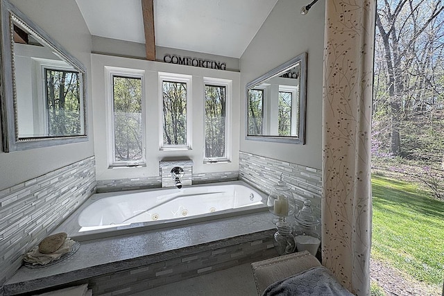 55960 County Road 23, Bristol, IN 46507 - bathroom featuring vaulted ceiling, a healthy amount of sunlight, and a jetted tub
