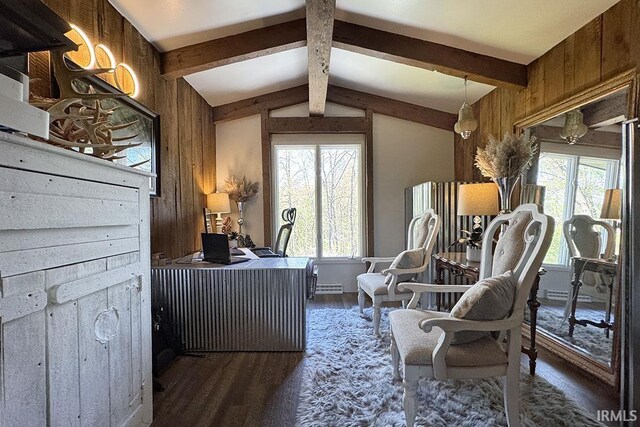 55960 County Road 23, Bristol, IN 46507 - home office with wood walls, lofted ceiling with beams, and wood finished floors