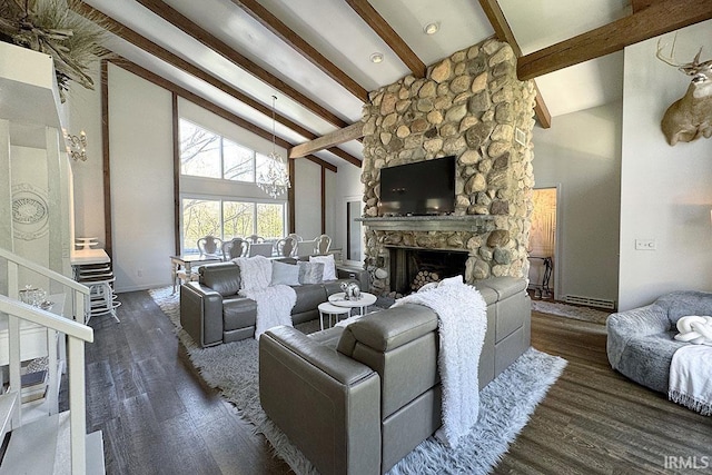 55960 County Road 23, Bristol, IN 46507 - living room with beamed ceiling, wood finished floors, high vaulted ceiling, and a fireplace