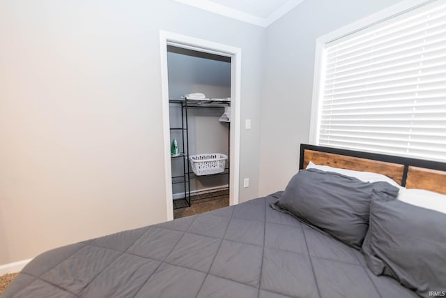 carpeted bedroom with a walk in closet, baseboards, and a closet