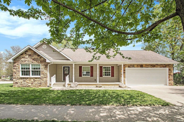 300 E Wabash Ave, Wakarusa, IN 46573 - ranch-style house featuring covered porch, a front lawn, concrete driveway, an attached garage, and stone siding