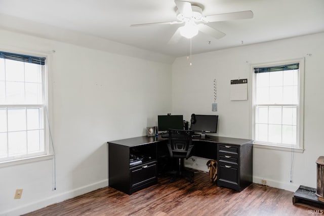 office area featuring plenty of natural light, ceiling fan, and wood finished floors