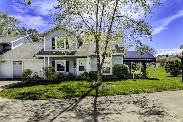 view of front facade featuring a shingled roof, a front lawn, a garage, concrete driveway, and covered porch