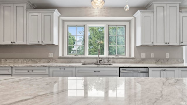 kitchen with a sink, light stone counters, white cabinetry, and dishwasher