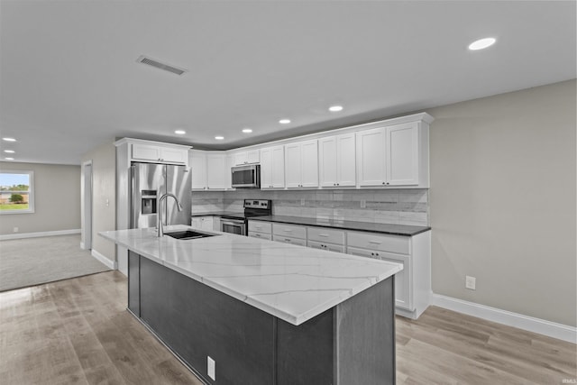 kitchen with appliances with stainless steel finishes, a sink, white cabinetry, baseboards, and visible vents