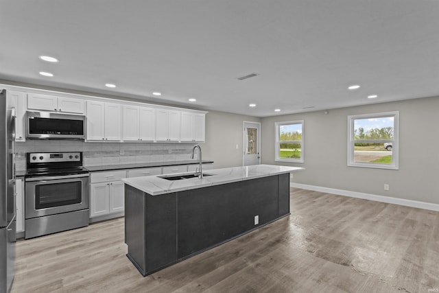 kitchen featuring stainless steel appliances, white cabinetry, and a sink