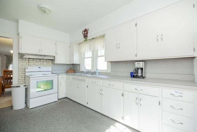 kitchen featuring white electric range oven, light countertops, white cabinetry, under cabinet range hood, and a sink