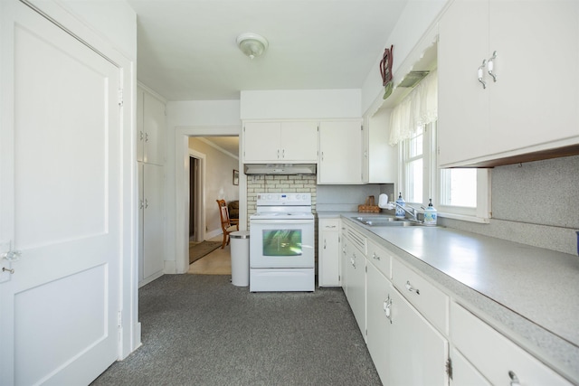 kitchen with white range with electric cooktop, light countertops, white cabinetry, under cabinet range hood, and a sink
