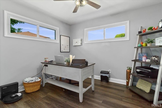 office area with baseboards, ceiling fan, and wood finished floors