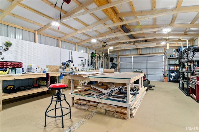 garage with a workshop area