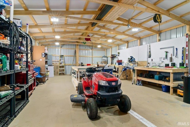 garage with a workshop area