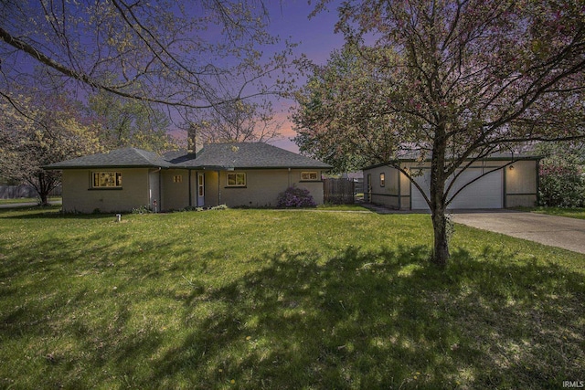 ranch-style home with fence, a chimney, driveway, and a front lawn