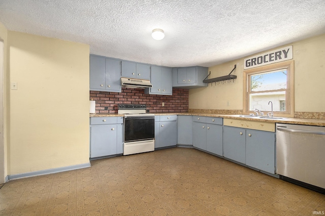 kitchen with range hood, stainless steel dishwasher, a sink, gray cabinetry, and electric stove