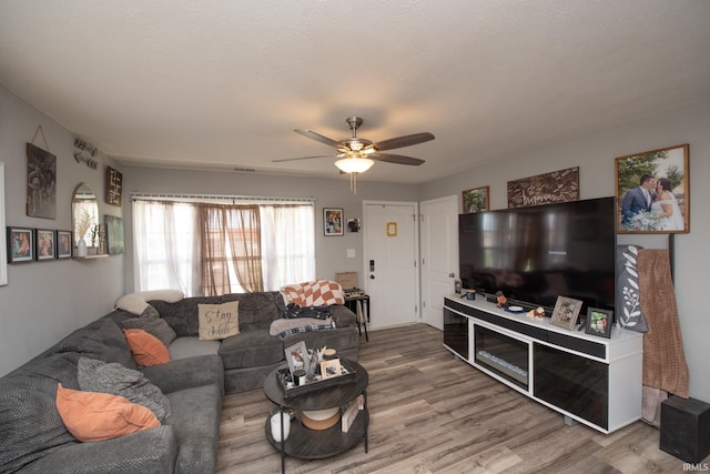 living room featuring ceiling fan and wood finished floors
