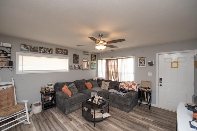 living room with ceiling fan and light wood-style floors