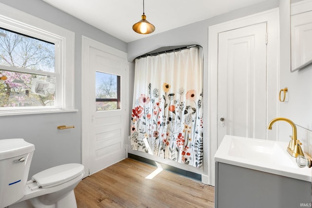 full bath with toilet, curtained shower, wood finished floors, and vanity