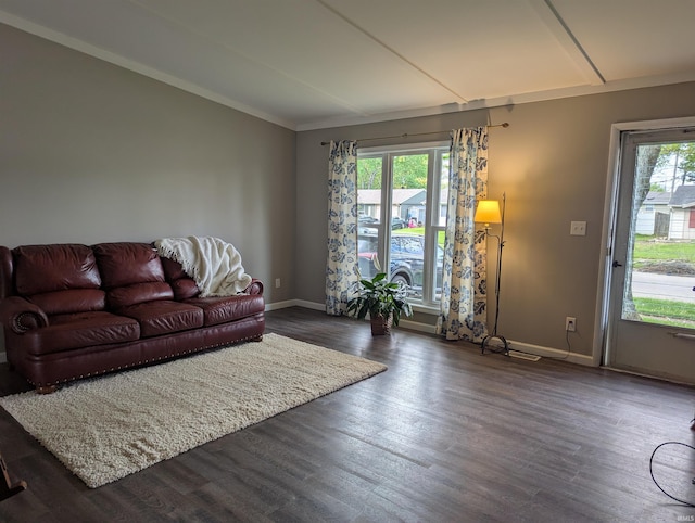 living area featuring baseboards, crown molding, and dark wood-style floors