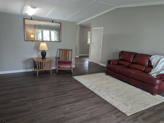 living area featuring baseboards, dark wood-type flooring, and lofted ceiling