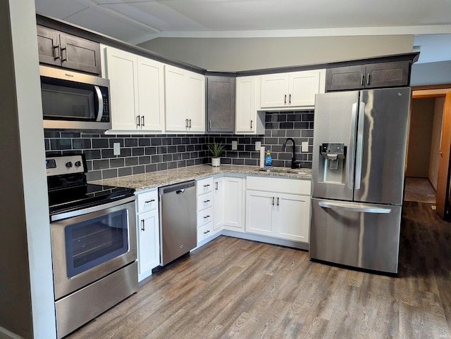 kitchen featuring a sink, vaulted ceiling, stainless steel appliances, and wood finished floors