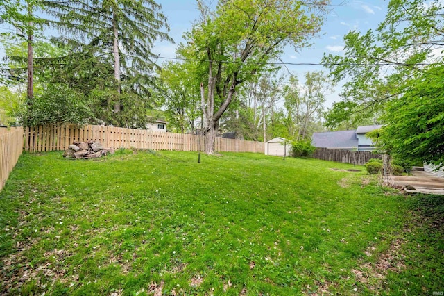 view of yard featuring a fenced backyard, a storage unit, and an outbuilding