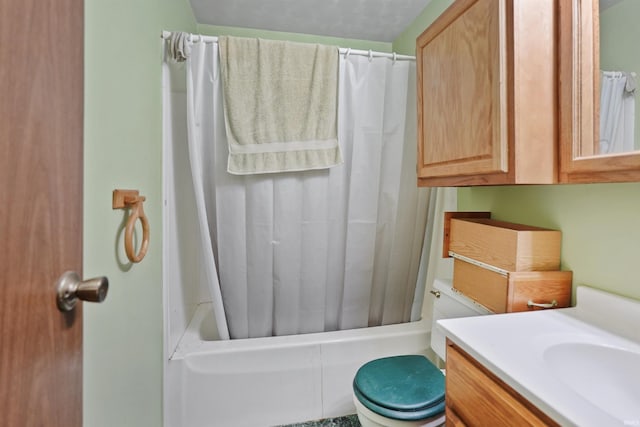 full bath featuring vanity, shower / bathtub combination with curtain, and toilet