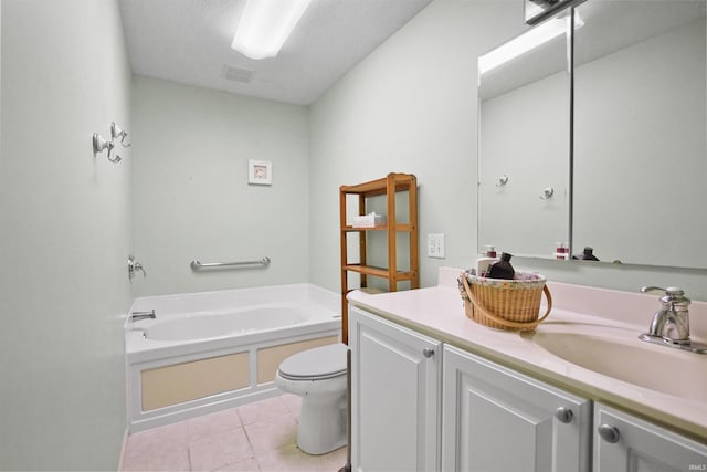 full bathroom with vanity, a garden tub, visible vents, toilet, and tile patterned floors