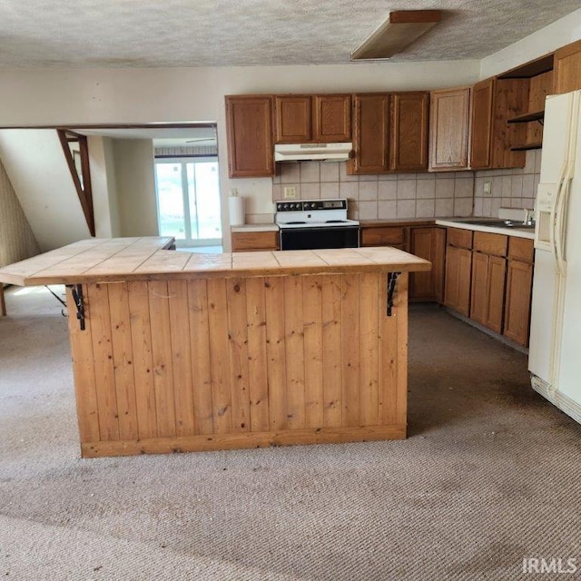 3566 W Sycamore Ln Unit 57, Columbia City, IN 46725 - kitchen featuring range with electric stovetop, tile countertops, open shelves, under cabinet range hood, and carpet flooring