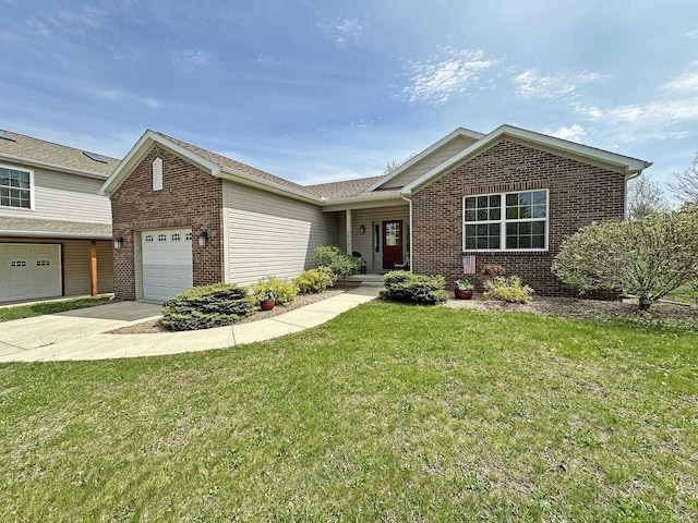 ranch-style home featuring concrete driveway, brick siding, an attached garage, and a front yard