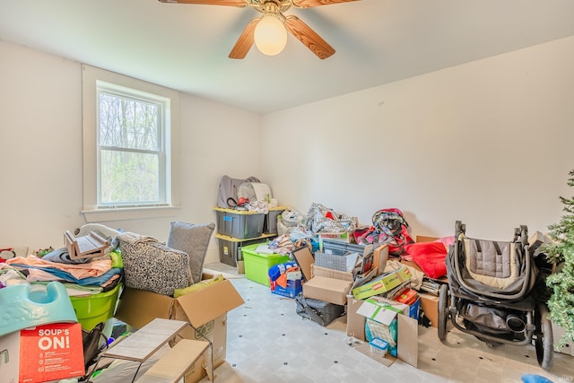 storage room with ceiling fan
