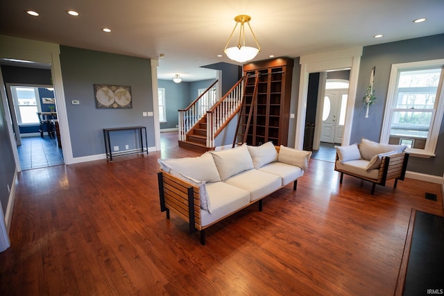10220 6b Rd, Plymouth, IN 46563 - living room with stairway, wood finished floors, recessed lighting, and baseboards