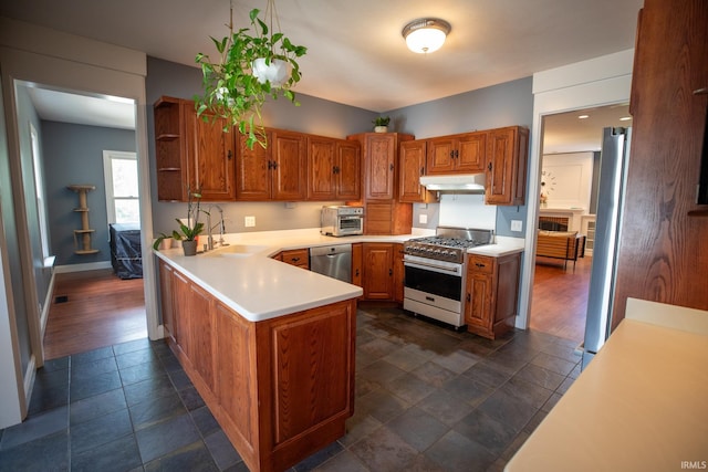 10220 6b Rd, Plymouth, IN 46563 - kitchen featuring stainless steel appliances, under cabinet range hood, a sink, a peninsula, and light countertops