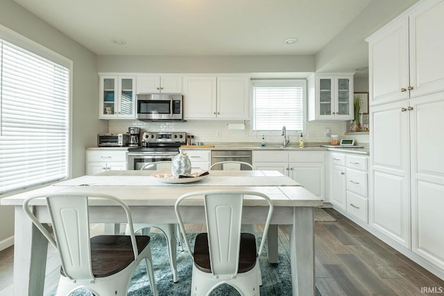 kitchen with a sink, glass insert cabinets, tasteful backsplash, and stainless steel appliances