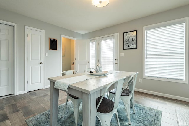 dining area featuring wood finish floors and baseboards