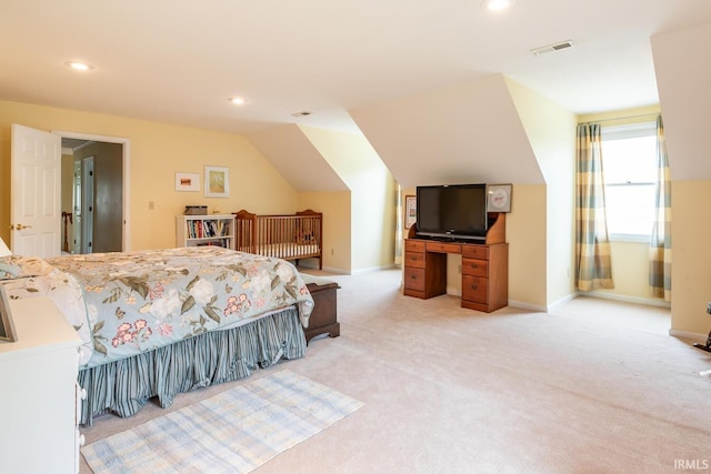 bedroom with light carpet, recessed lighting, and visible vents