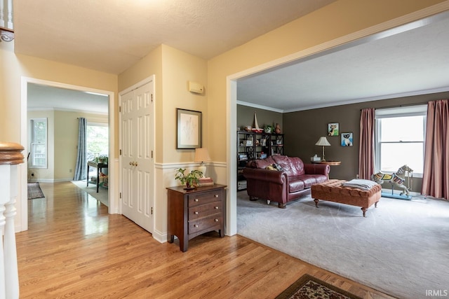 living area with baseboards, ornamental molding, and light wood-style flooring