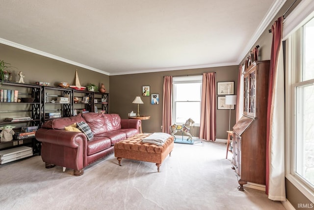 living area featuring crown molding and carpet flooring