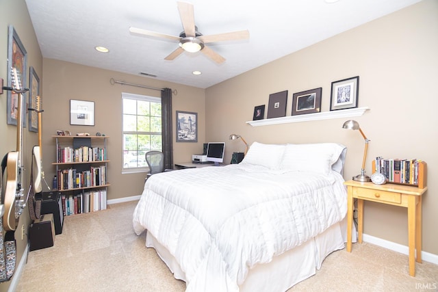 carpeted bedroom featuring baseboards, a ceiling fan, visible vents, and recessed lighting