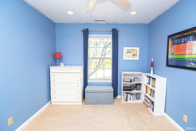 interior space featuring baseboards, ceiling fan, recessed lighting, and visible vents