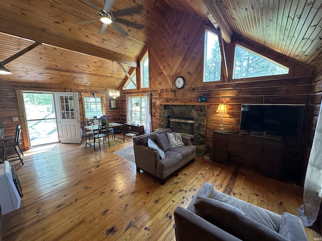 2340 W County Rd 550 S, Paoli, IN 47454 - living area featuring wood walls, wood ceiling, ceiling fan, and high vaulted ceiling