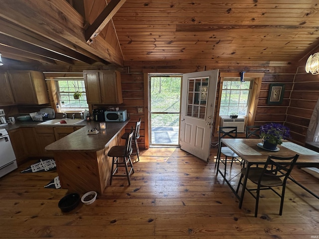 2340 W County Rd 550 S, Paoli, IN 47454 - kitchen with a peninsula, lofted ceiling, dark countertops, dark wood-type flooring, and a sink