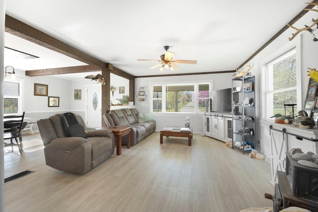 living room with visible vents, light wood finished floors, and plenty of natural light